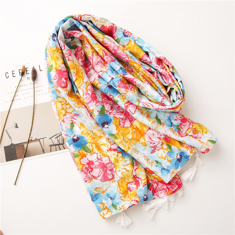 Oil painting flower cotton print scarf