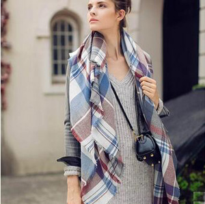 Female blue grid imitation cashmere scarf wholesale