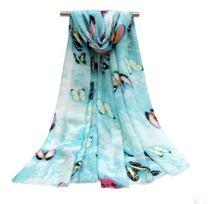 Female hazy butterfly satin printed scarf wholesale