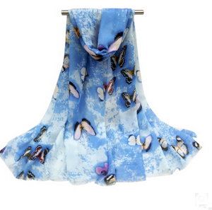 Female hazy butterfly satin printed scarf wholesale