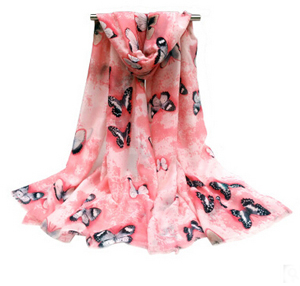 Female hazy butterfly satin printed scarf wholesale