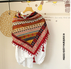 Tassel national wind geometric pattern female cotton travel square shawl wholesale