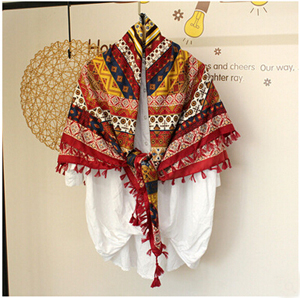 Tassel national wind geometric pattern female cotton travel square shawl wholesale