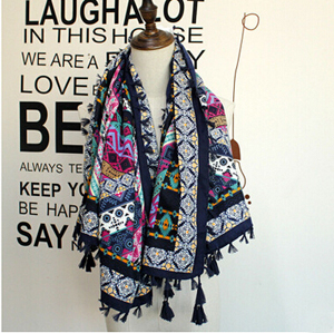 Tassel national wind geometric pattern female cotton travel square shawl wholesale