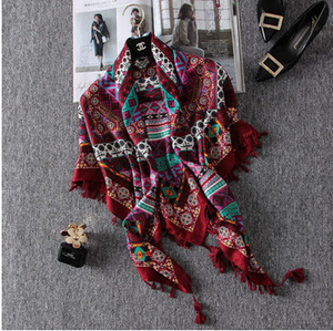 Tassel national wind geometric pattern female cotton travel square shawl wholesale