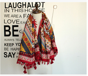 Tassel national wind geometric pattern female cotton travel square shawl wholesale