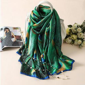 Soft green peacock feather printed scarf wholesale