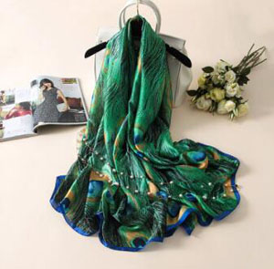 Soft green peacock feather printed scarf wholesale