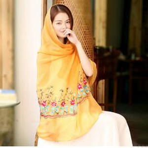 Female daffodil embroidery silk scarves wholesale