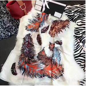 Female new satin emulation silk feather printed scarves wholesale
