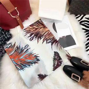 Female new satin emulation silk feather printed scarves wholesale