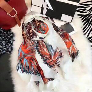 Female new satin emulation silk feather printed scarves wholesale