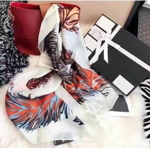 Female new satin emulation silk feather printed scarves wholesale