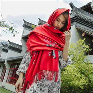 Wholesale plum embroidery tassel cashmere scarf