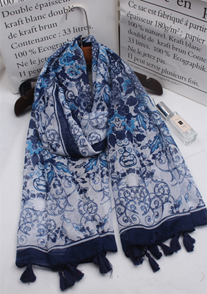 vintage blue and white porcelain long cotton line scarf