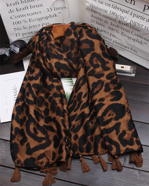 leopard print cotton tassel scarf