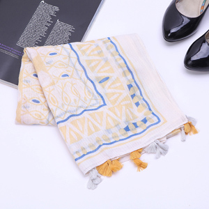 spring style geometric pattern cotton linen tassel scarf