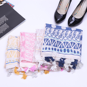 spring style geometric pattern cotton linen tassel scarf