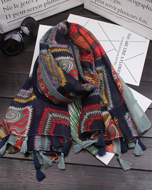 colored square geomentirc pattern cotton line tassel scarf