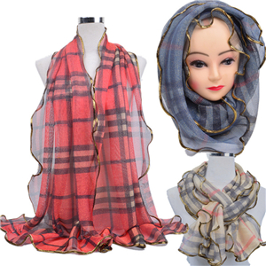 Wholesale plaid edging gold thread lace Muslim scarf