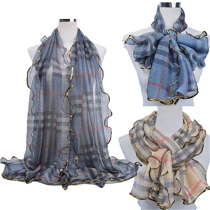 Wholesale plaid edging gold thread lace Muslim scarf