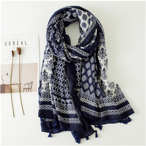 Wholesale blue white porcelain print tassel cotton scarf