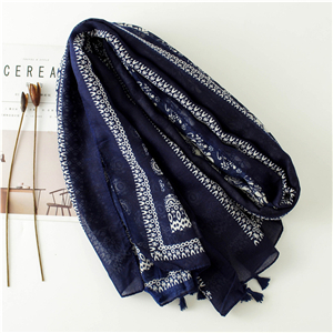 Wholesale blue white porcelain print tassel cotton scarf