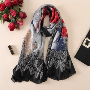 Flower printed silk decorative scarf