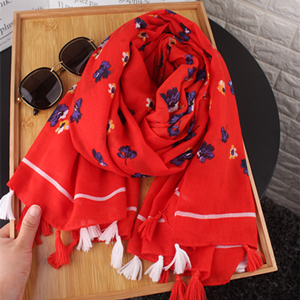 Wholesale red floral cotton sunscreen scarf