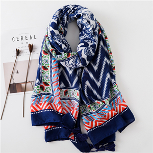 Bright blue wavy pattern printed cotton decorative scarf