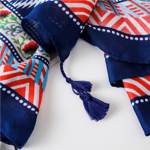 Bright blue wavy pattern printed cotton decorative scarf