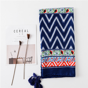 Bright blue wavy pattern printed cotton decorative scarf