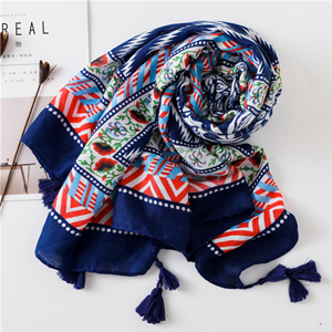 Bright blue wavy pattern printed cotton decorative scarf