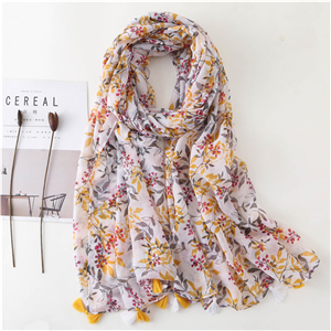 Yellow flower print tassel cotton scarf