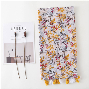 Yellow flower print tassel cotton scarf