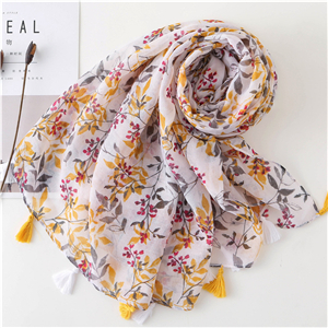 Yellow flower print tassel cotton scarf