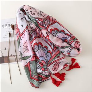 Wholesale floral print tassel cotton scarf