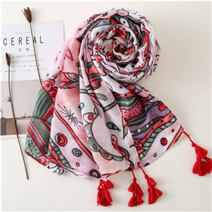 Wholesale floral print tassel cotton scarf