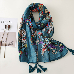 Lake blue flowers totem tassel cotton cheap scarf