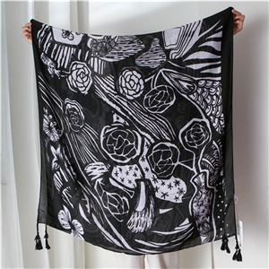 China wholesale black white flower print tassel cotton scarf