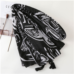China wholesale black white flower print tassel cotton scarf