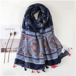 China wholesale cashew flower contrast print tassel cotton scarf