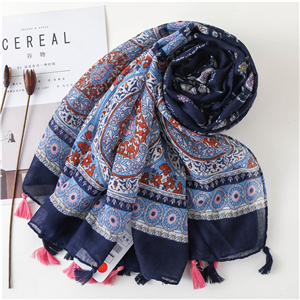China wholesale cashew flower contrast print tassel cotton scarf