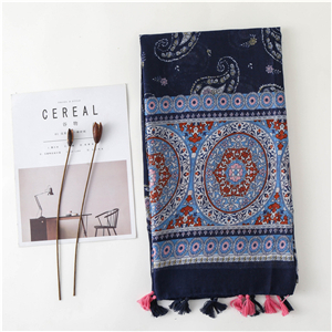 China wholesale cashew flower contrast print tassel cotton scarf