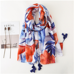 China wholesale color matching flower print tassel cotton scarf