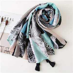 China wholesale tropical leaf print hit color tassel cotton scarf