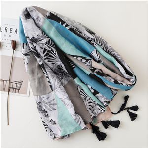China wholesale tropical leaf print hit color tassel cotton scarf