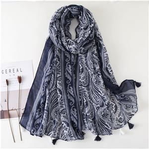 Wholesale blue white porcelain print tassel cotton scarf