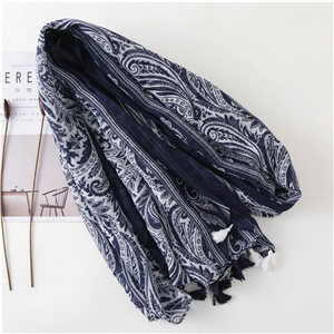 Wholesale blue white porcelain print tassel cotton scarf