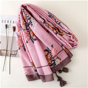 Wholesale rose pink print tassel cotton scarf